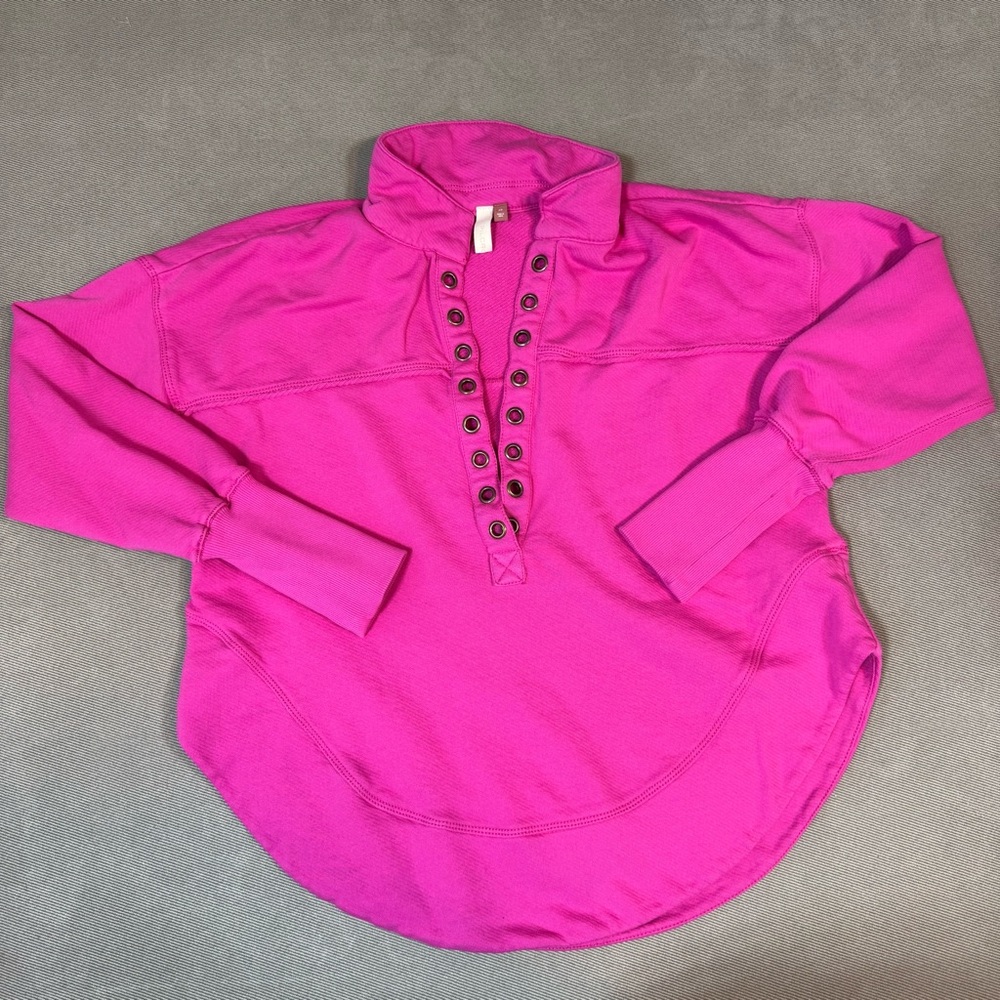 Pilcor Sweatshirt Womens XS Pink Collared V Neck Grommet Eyelets Terry Pullover